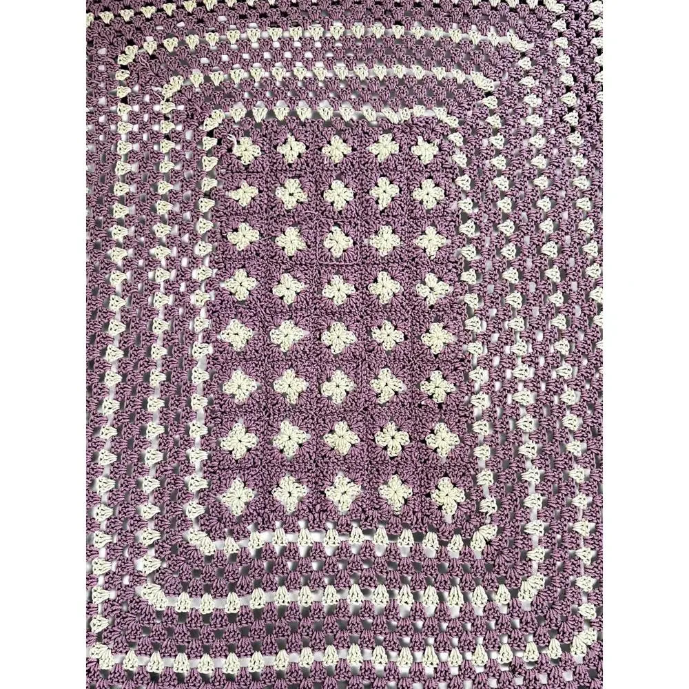 Handmade Crochet Afghan 69x57 Purple Cream Granny Square Cottagecore Blanket